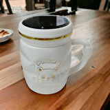 Ayna Kapaklı Panda Desenli Porselen Kupa Bardak Beyaz Kupa Bardak