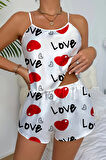 Love Desenli Beyaz Saten Şortlu Gecelik Takım