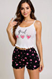 Kalp Desenli Askılı Şortlu Pijama Takımı
