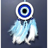 Nazar Boncuğu Motifli Bebe Mavisi Ve Beyaz Kuş Tüylü Düş Kapanı Duvar Süsü