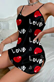 Love Desenli Siyah Saten Gecelik