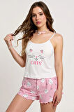 Renkli Kedi Desenli Askılı Şortlu Kadın Pijama Takımı