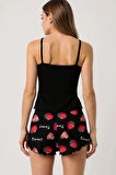 Çilek Baskılı Siyah Askılı Şortlu Pijama Takımı