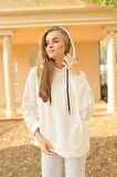 Rahat Oversize Yumuşak Dokulu Krem Kapüşonlu Sweatshirt