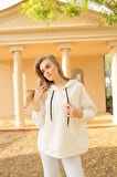 Rahat Oversize Yumuşak Dokulu Krem Kapüşonlu Sweatshirt