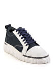 Beyaz Lacivert Hakiki Deri Erkek Sneaker E01401087103