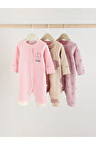 Next Baby % 100 Pamuklu Pembe Tavşan Desenli 3'lü Tulum Set