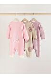 Next Baby % 100 Pamuklu Pembe Tavşan Desenli 3'lü Tulum Set