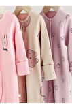 Next Baby % 100 Pamuklu Pembe Tavşan Desenli 3'lü Tulum Set