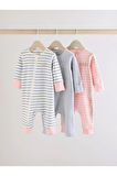 Next Baby %100 Pamuklu Pembe Gri Çizgili Ayaksız 3'lü Tulum Set