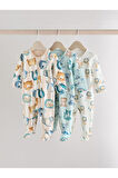 Next Baby %100 Pamuklu Mavi Krem Animal Desenli 3'lü Tulum Set