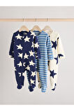 Next Baby %100 Pamuklu Parlak Lacivert Yıldız Desenli 3'lü Tulum Set