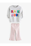Pamuklu Gri Pembe Baskılı Uzun Kollu Sweatshirt Tayt Alt Üst Takım