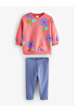 Pamuklu  Pembe Çiçek Baskılı Uzun Kollu Sweatshirt Tayt Alt Üst Takım