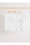 %100 Pamuklu Beyaz Animal Desenli 3'lü Romper Set