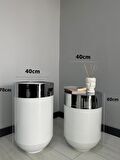 Dekoratif Krom Darbuka Parlak Beyaz Saksı 70cm + Sehpa 60cm İkili Set