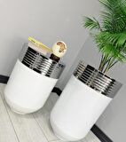 ELEGANT Dekoratif Krom Darbuka Parlak Beyaz Saksı 70cm + 60cm Sehpa İkili Set