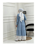 Dantelli Doğal Kumaşlı Boydan Düğmeli Kot Elbise Mavi-188