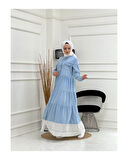 Dantelli Doğal Kumaşlı Boydan Düğmeli Kot Elbise Mavi-188