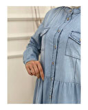 Dantelli Doğal Kumaşlı Boydan Düğmeli Kot Elbise Mavi-188