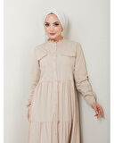Dantelli Doğal Kumaşlı Boydan Düğmeli Kot Elbise Bej