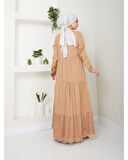 Dantelli Doğal Kumaşlı Boydan Düğmeli Kot Elbise Camel