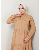 Dantelli Doğal Kumaşlı Boydan Düğmeli Kot Elbise Camel