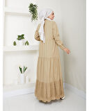 Dantelli Doğal Kumaşlı Boydan Düğmeli Kot Elbise Haki