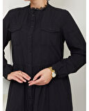 Dantelli Doğal Kumaşlı Boydan Düğmeli Kot Elbise Siyah