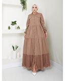 Dantelli Doğal Kumaşlı Boydan Düğmeli Kot Elbise Vizon