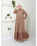 Dantelli Doğal Kumaşlı Boydan Düğmeli Kot Elbise Vizon