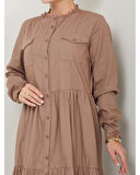 Dantelli Doğal Kumaşlı Boydan Düğmeli Kot Elbise Vizon