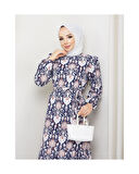 Terikoton Büzgülü Desenli Elbise Lacivert-1317