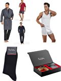Pierre Cardin 4LÜ Çeyiz Paketi Robdöşambr Atlet Boxer Takım Çorap ve Kemer Cüzdan Set