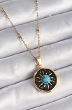 Gold Renk Mavi Boncuk Güneş İşleme Madalyon Model Kadın Kolye - EBJ241130W29548