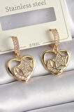 Gold Renk Zirkon Taşlı Kalp Model Ay Yıldız İşleme Kadın Küpe - EBJ241130W29569