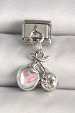 Gümüş Renk Pembe Mineli Kalp Zirkon Taş Detay Nomination Charm - EBJ250501W32873