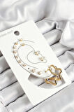 Yıldız Figürlü Ve Zirkon Taşlı Gold Renk 7'li Çift Kadın Küpe Set - EBJ250530W34466