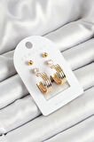 Pirinç Zirkon Taş Ve Halka Figürlü Gold Renk 3'lü Çift Kadın Küpe Set - EBJ250530W34481