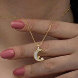 Ebuz Gümüş Gold Ay Yıldız Kadın Kolye