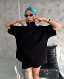 Ebedi Unisex Yarım Fermuarlı Düz Oversize T-Shirt - Siyah
