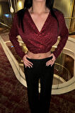 Ebedi PULLU CROP KRUVAZE BLUZ - Bordo
