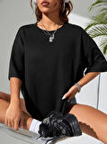 Ebedi Baskılı Oversize Bisiklet Yaka T-shirt - Siyah