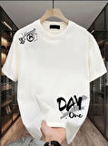 Ebedi Baskılı Oversize Bisiklet Yaka T-shirt - Beyaz