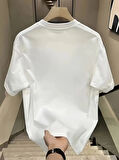 Ebedi Baskılı Oversize Bisiklet Yaka T-shirt - Beyaz