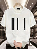 Ebedi Baskılı Oversize Bisiklet Yaka T-shirt - Beyaz
