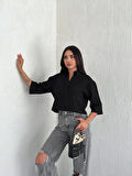 Ebedi Crop Yakalı Gömlek Üç Çeyrek Sleeve Kol - Siyah