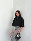 Ebedi Crop Yakalı Gömlek Üç Çeyrek Sleeve Kol - Siyah