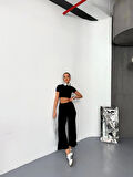 Ebedi Osy Modal Yumuşak Dokulu Kumaş Kısa Kollu Crop Alt Ispanyol Paça Pantalon Ikili Takım - Siyah