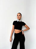 Ebedi Osy Modal Yumuşak Dokulu Kumaş Kısa Kollu Crop Alt Ispanyol Paça Pantalon Ikili Takım - Siyah